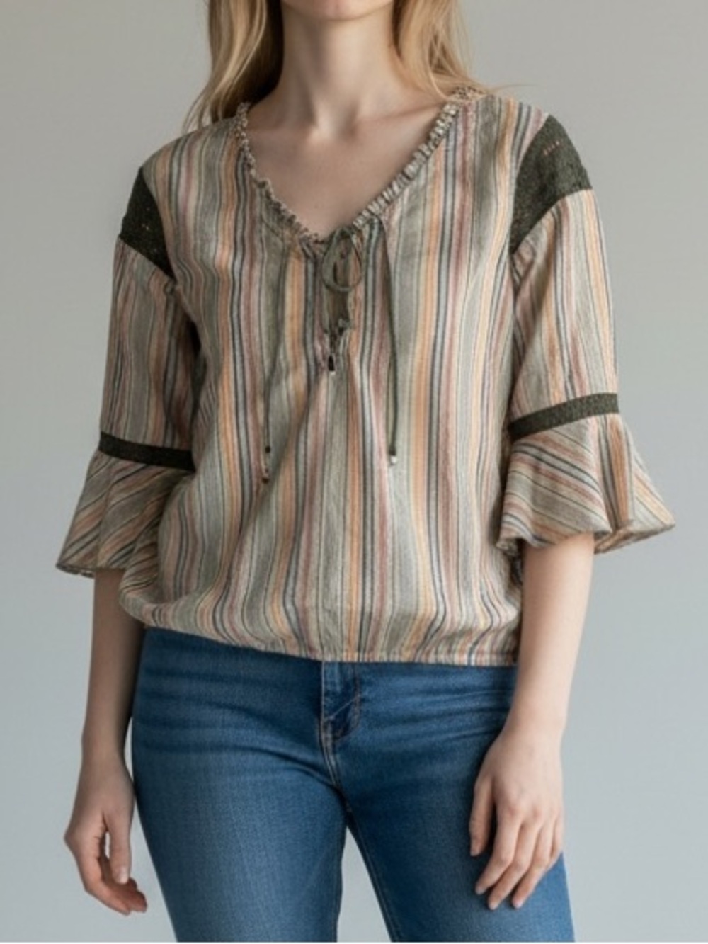 Free People Peasant‎ Boho Multi Colored Stripe Top